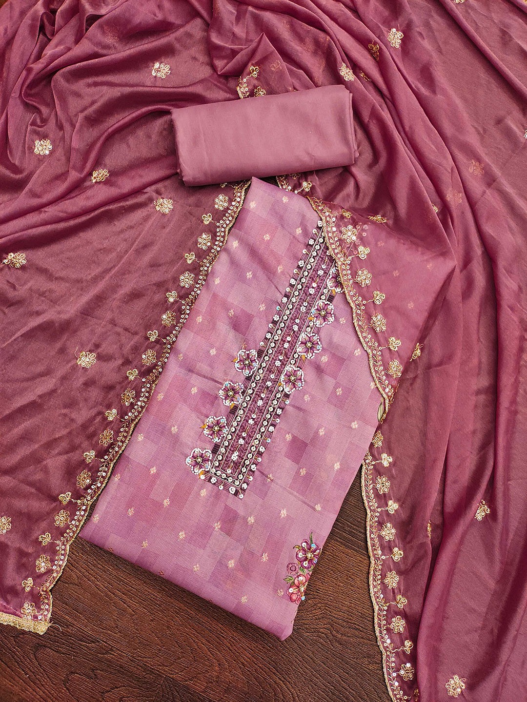 

SHADOW & SAINING Ethnic Motifs Woven Beads and Stones Design Semi-Stitched Dress Material, Pink