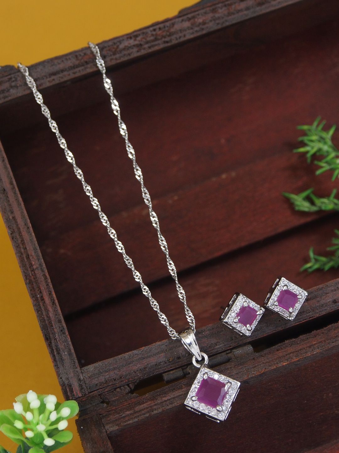 

I Jewels Silver Plated CZ & American Diamond Stone Studded Jewellery Set