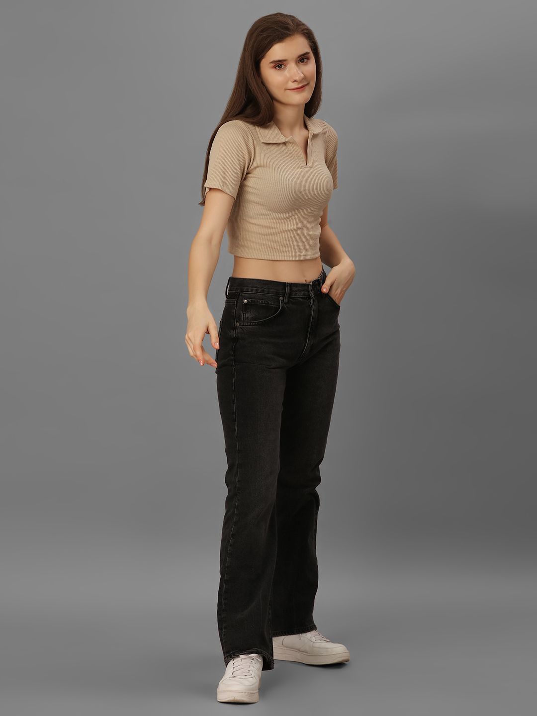 

SXV STYLE Women Shirt Collar Ribbed Fitted Crop Top, Beige
