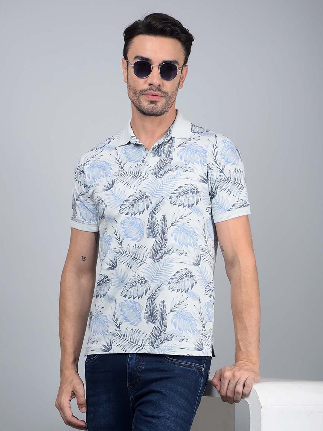 

Crimsoune Club Slim Fit Floral Printed Polo Collar Cotton T-shirt, White