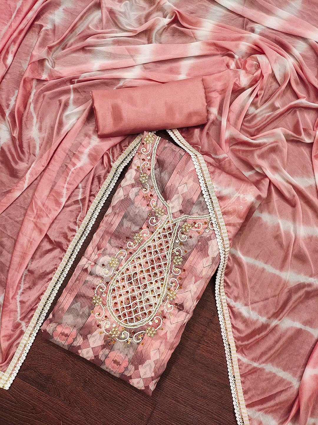 

SHADOW & SAINING Floral Woven Design Beaded Semi-Stitched Dress Material, Peach