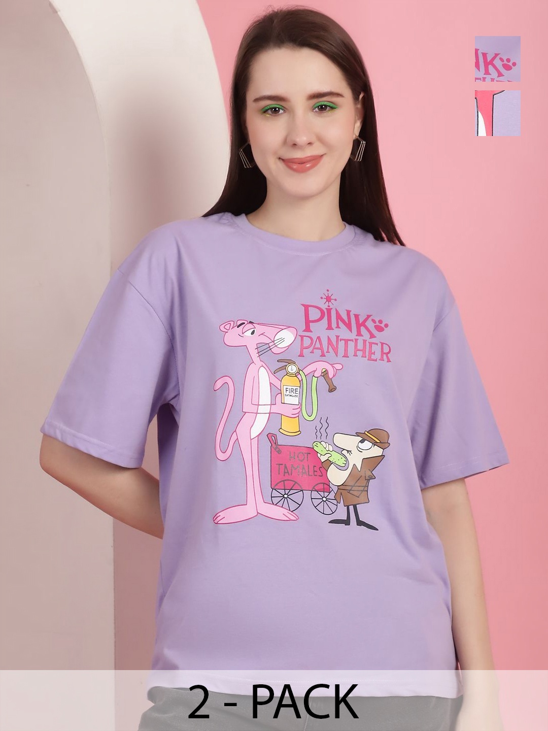 

Tromko Women Pack of 2 Pink Panther Graphic Printed Round Neck Cotton Oversized T-shirts, Lavender