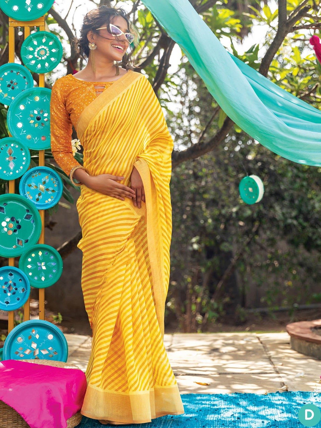 

ORUS Striped Pure Cotton Saree, Yellow