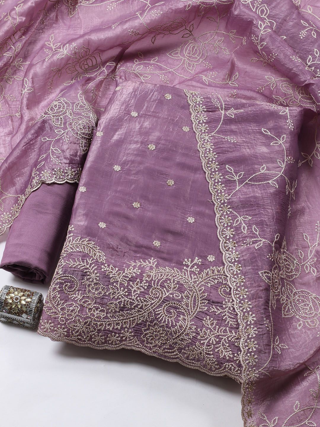 

Meena Bazaar Embroidered Beads and Stones Tissue Unstitched Dress Material, Mauve