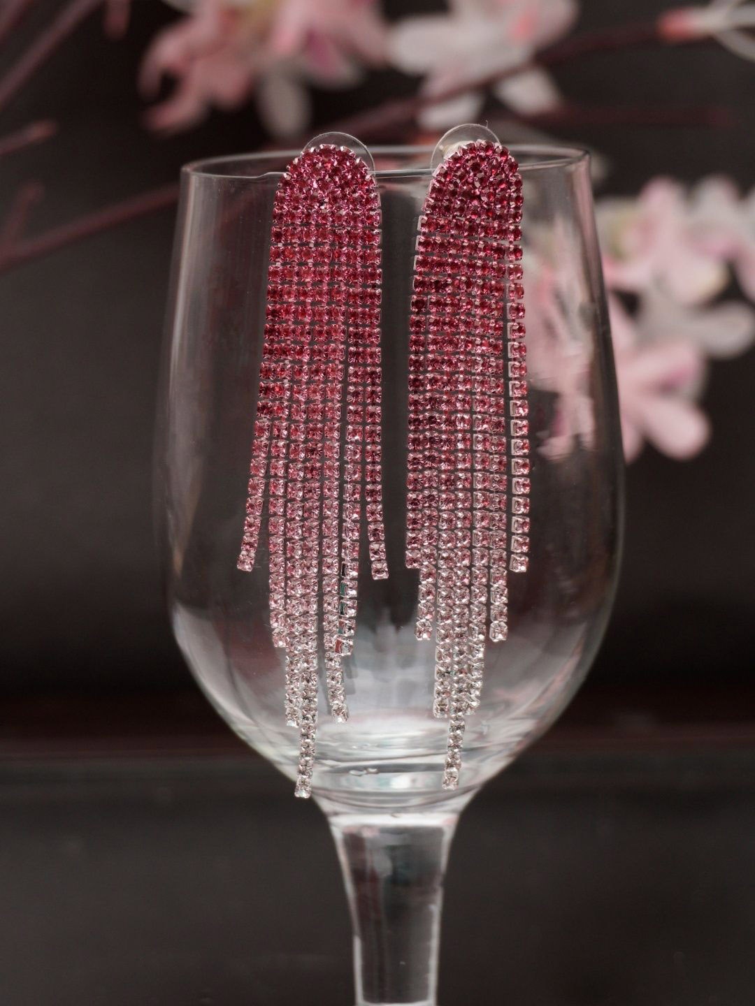 

Niscka Silver-Plated Rhinestone Studded Contemporary Drop Earrings, Pink