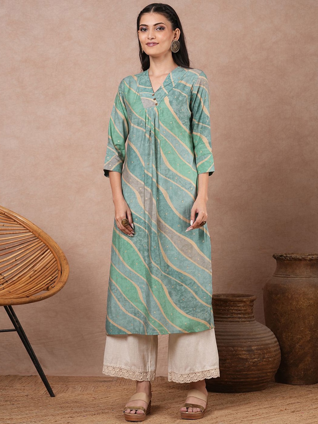 

FASHOR Abstract Printed Pleated V-Neck A-Line Kurta, Turquoise blue