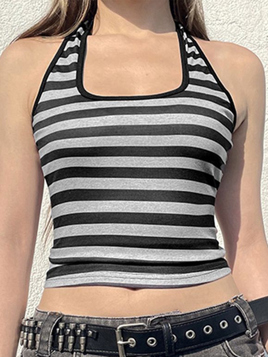

LULU & SKY Women Striped Halter Neck Tank Crop Top, Grey
