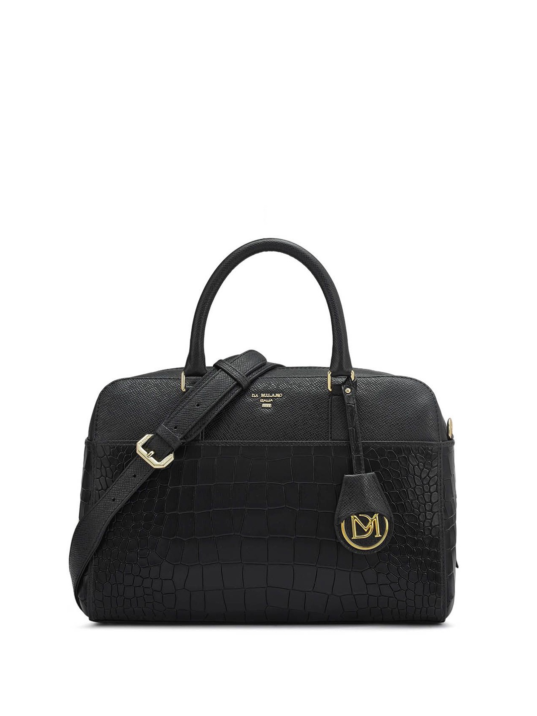

Da Milano Textured Leather Bowling Satchel, Black