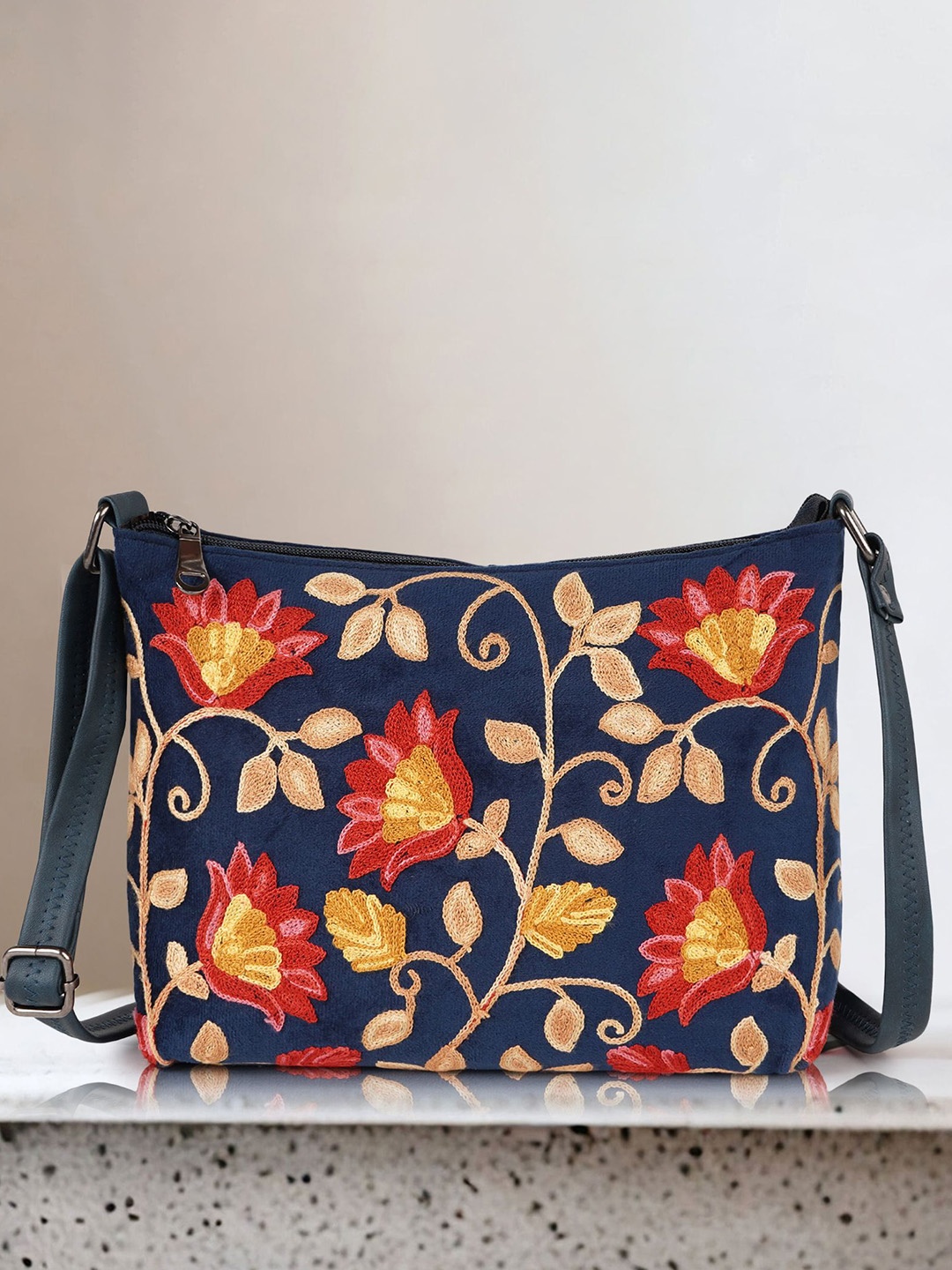 

STARWINGS Floral Embellished Oversized Sling Bag with Cut Work, Navy blue