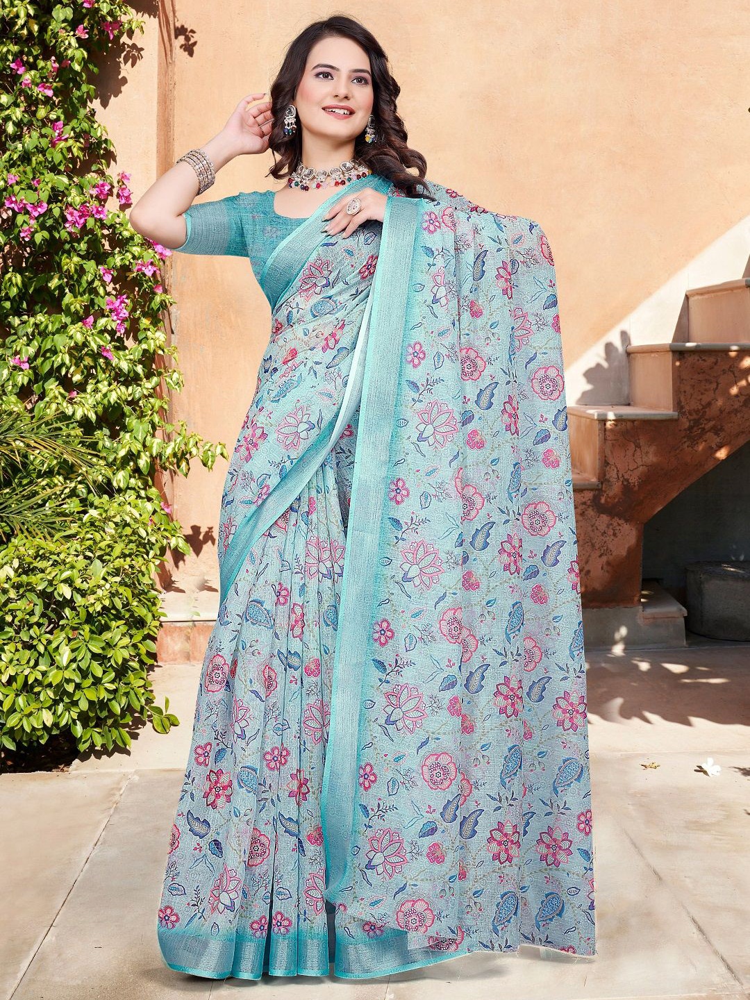 

ORUS Floral Pure Cotton Saree, Blue