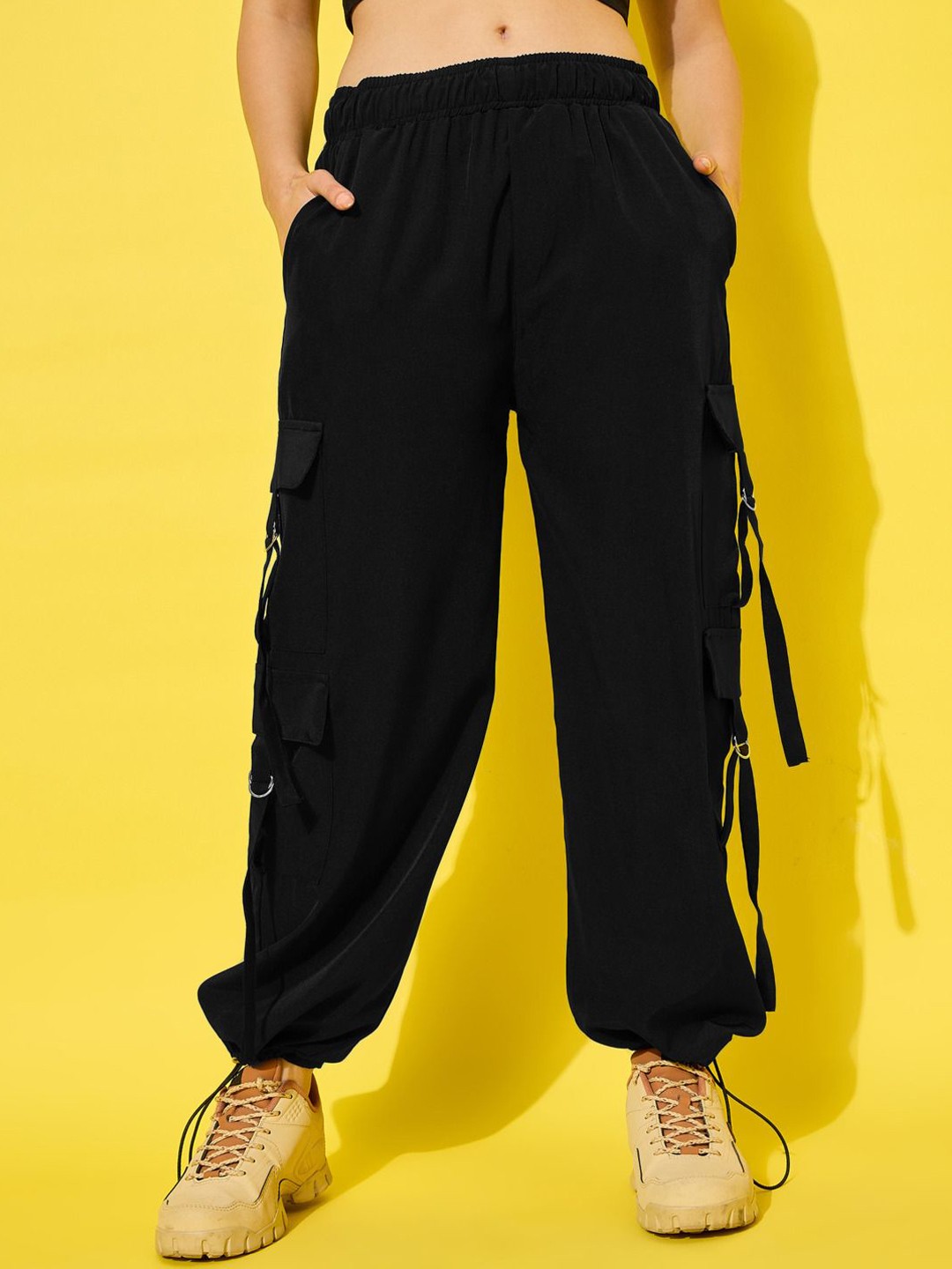 

DIMPY GARMENTS Women Relaxed Loose Fit Mid-Rise Cargos Trousers, Black