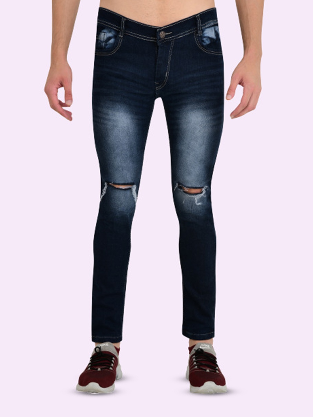 

COMFITS Men Cotton Classic Slash Knee Regular Fit Mid-Rise Heavy Fade Stretchable Jeans, Blue
