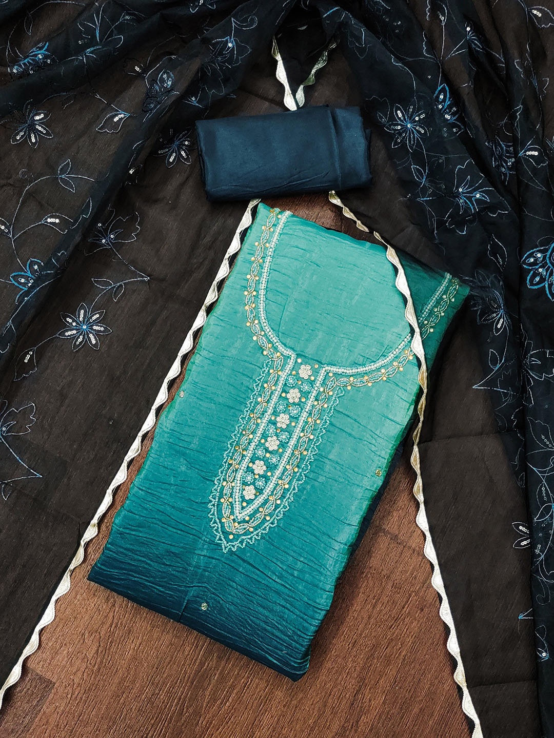 

SHADOW & SAINING Embellished Beads And Stones Pure Silk Semi-Stitched Dress Material, Blue