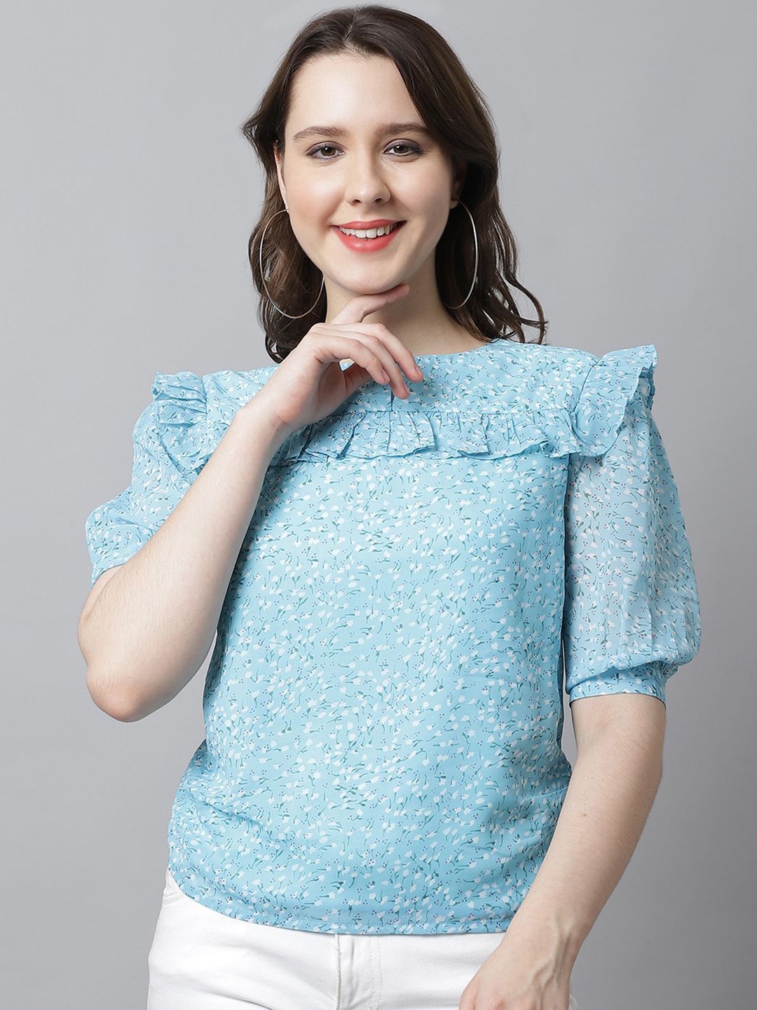 

JAKANARY Women Printed Georgette Top, Sea green