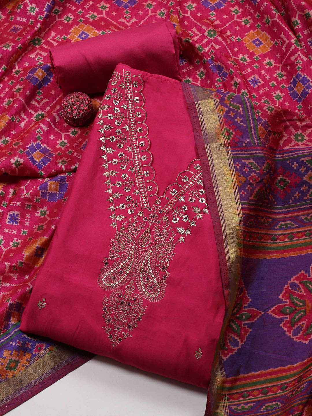

Meena Bazaar Embroidered Art Silk Unstitched Dress Material, Pink