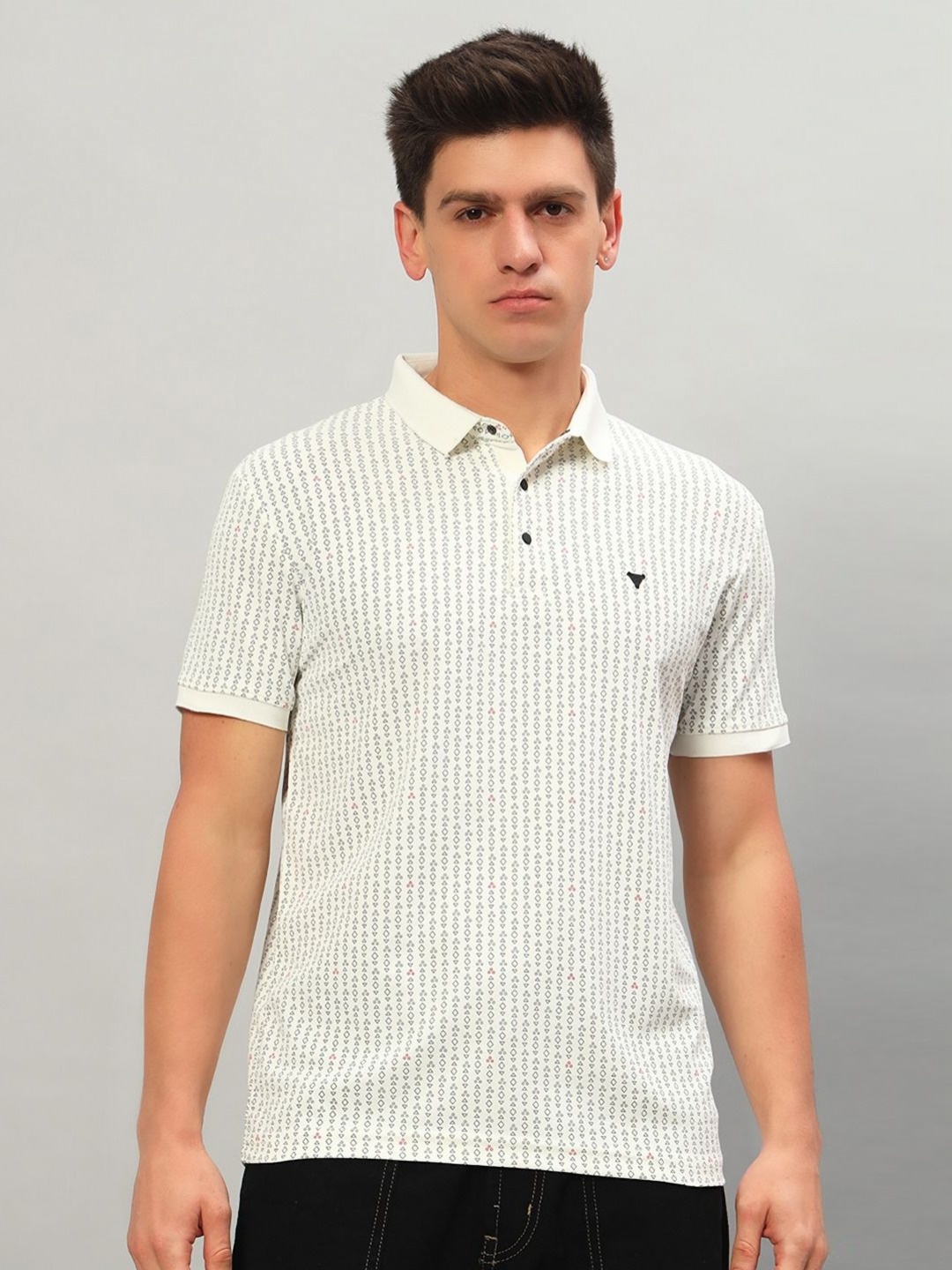 

PROFY Men Geometric Printed Polo Collar Cotton T-shirt, White
