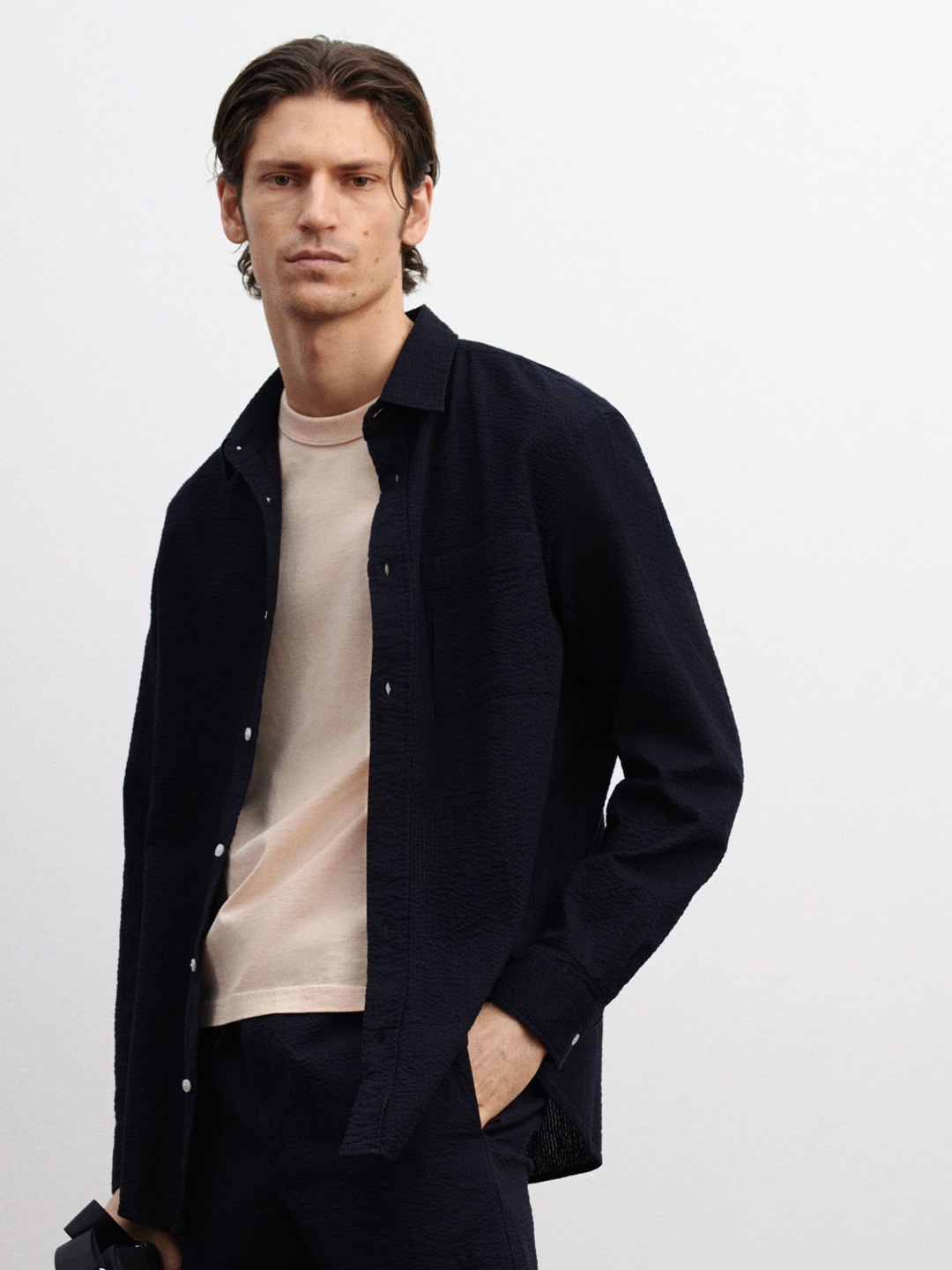 

H&M Loose Fit Seersucker Shirt, Blue