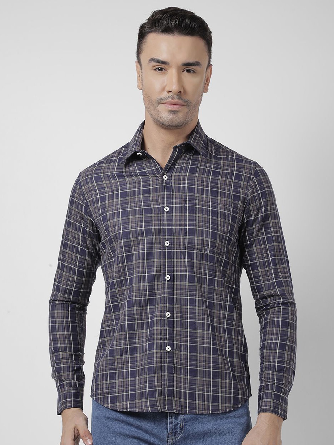 

Numero Uno Men Regular Fit Spread Collar Checked Cotton Casual Shirt, Navy blue