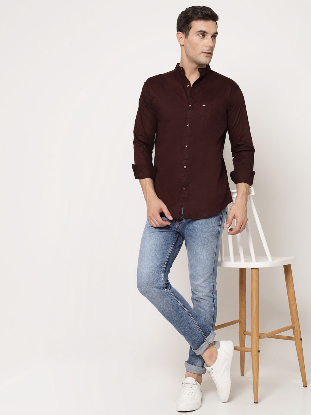 

Metronaut Classic Mandarin Collar Cotton Casual Shirt, Maroon