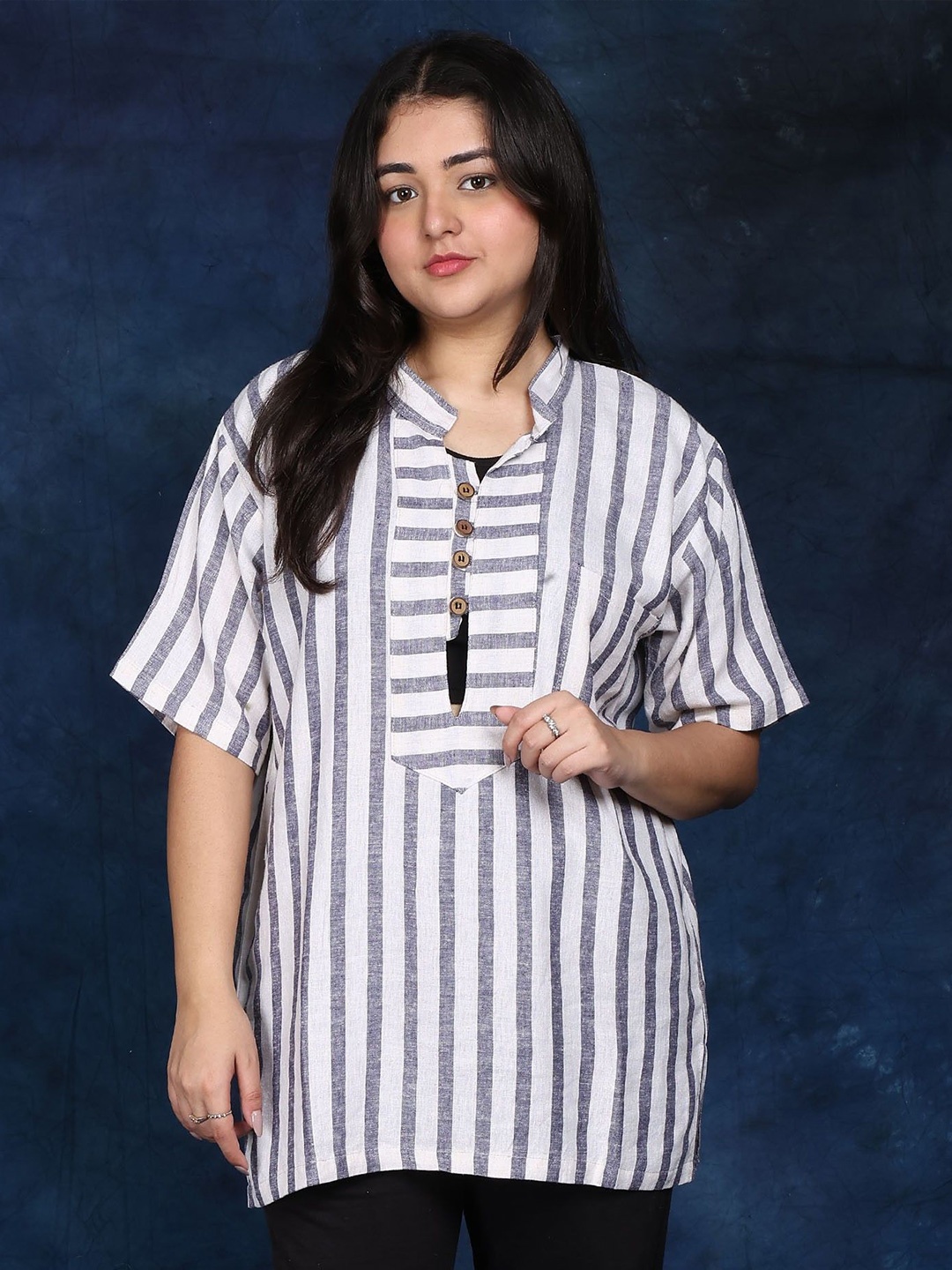 

Exotic India Women Stripe Woven Short Kurti with Front Pocket, White