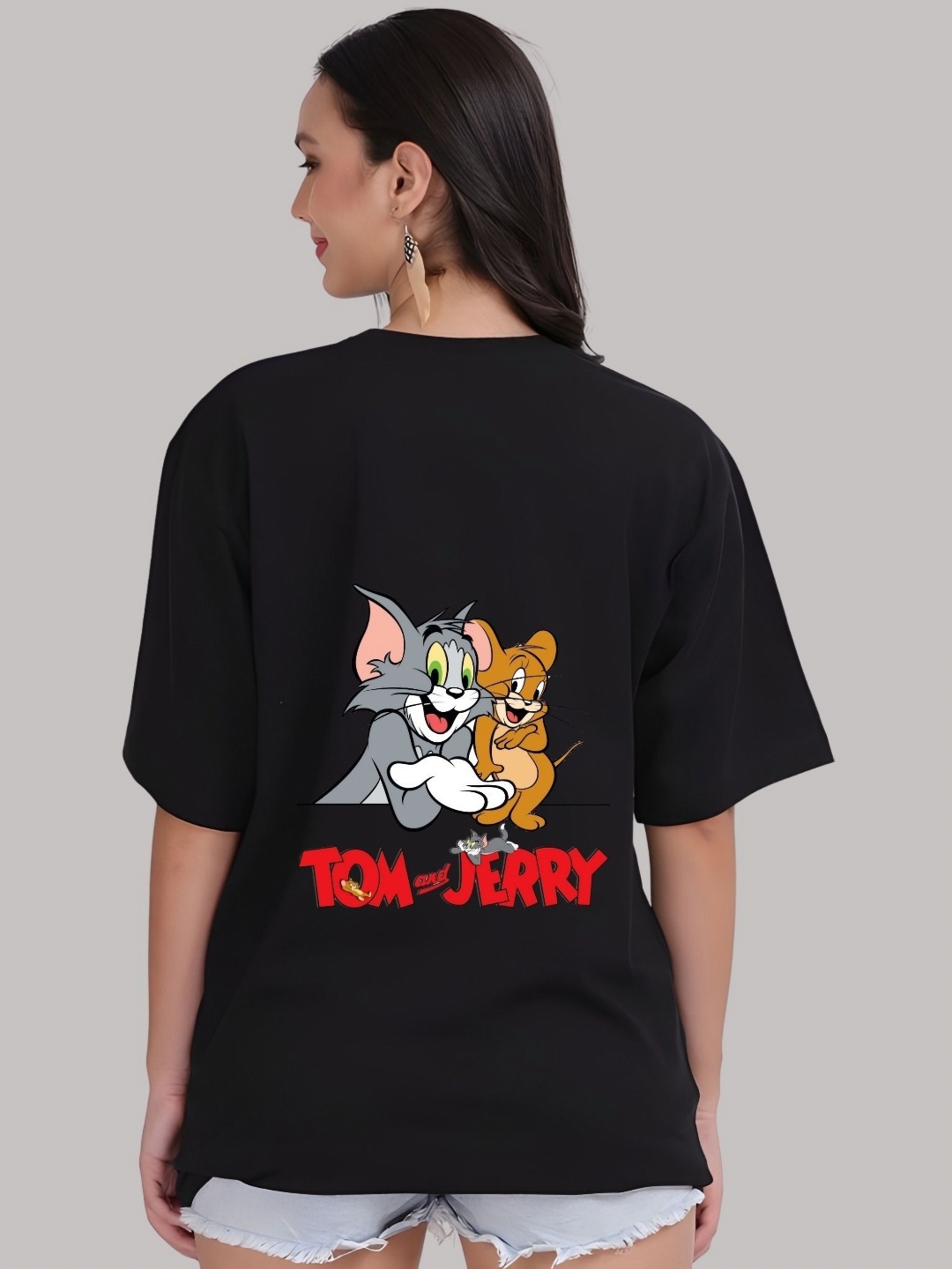 

SZN Women Tom & Jerry Graphic Printed Round Neck Cotton Oversized T-shirt, Black