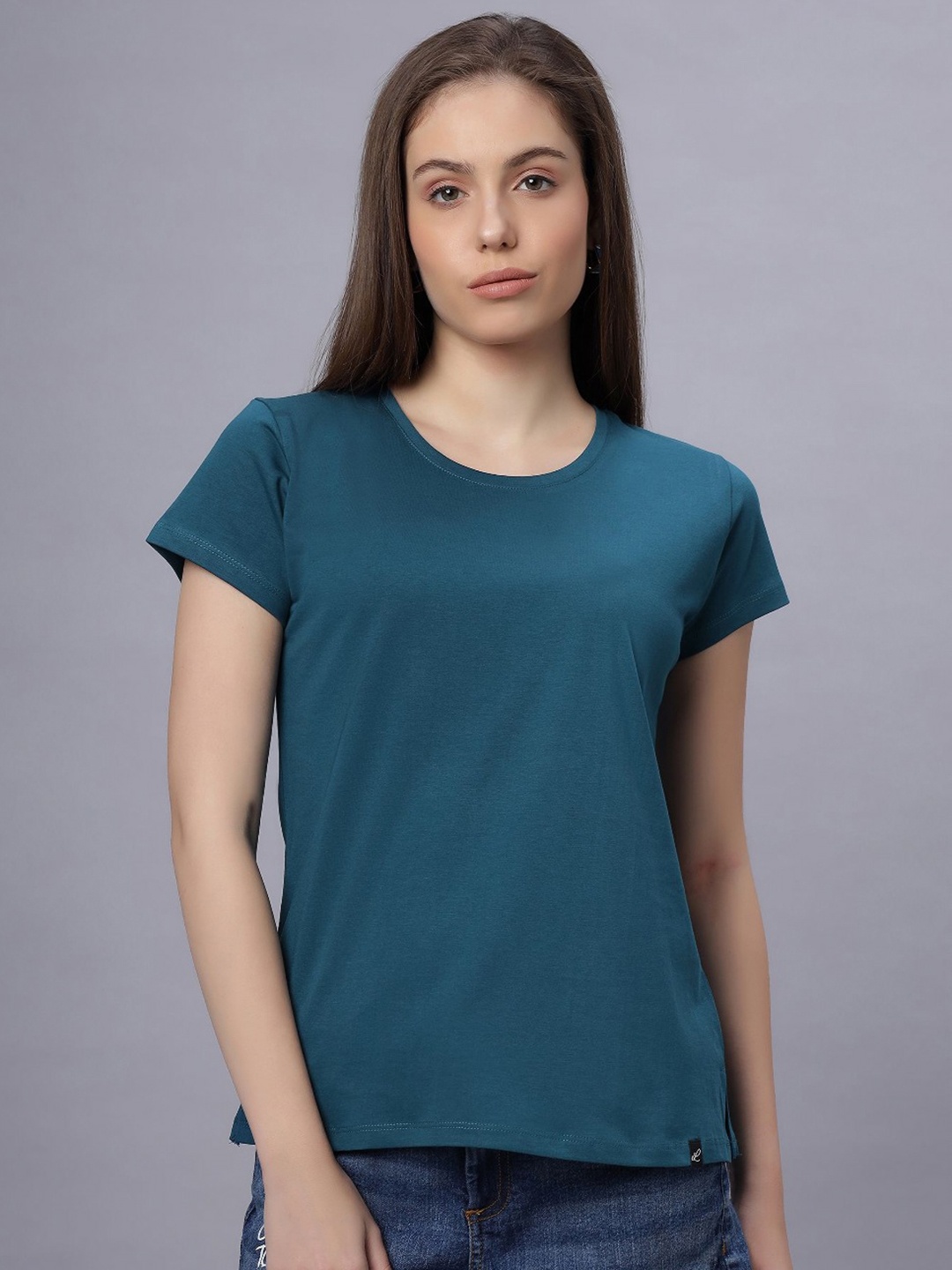 

QUIRA Round Neck Short Sleeves Regular Fit Cotton T-shirt, Blue