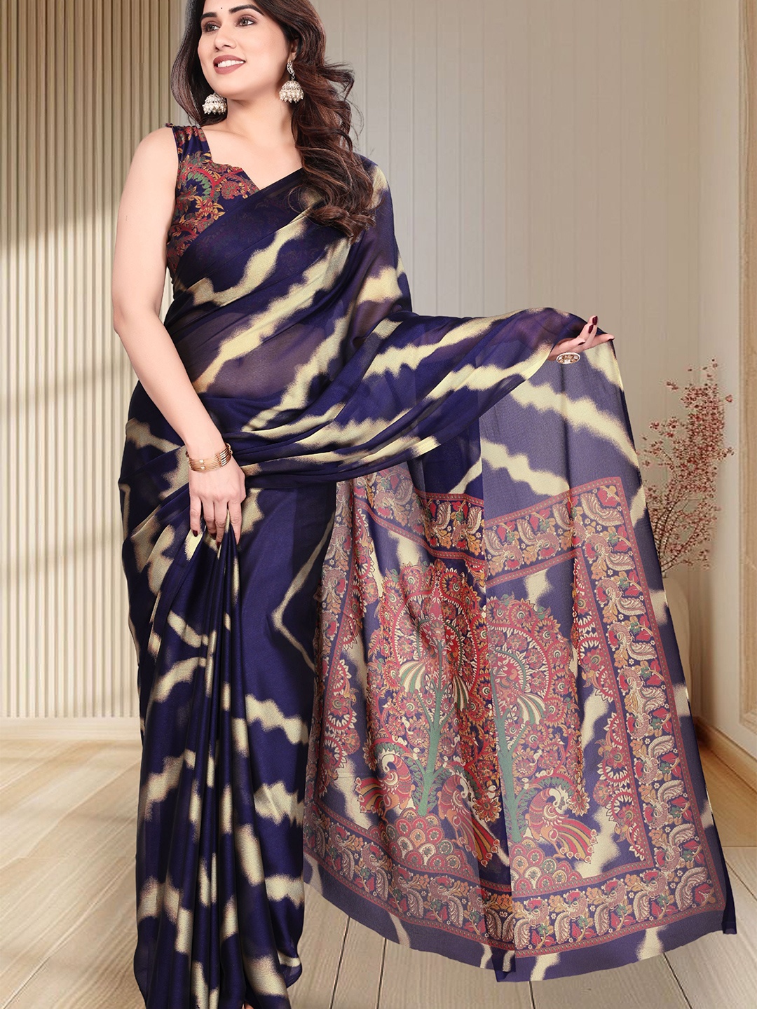 

MAGNEITTA Striped Pure Chiffon Saree, Navy blue