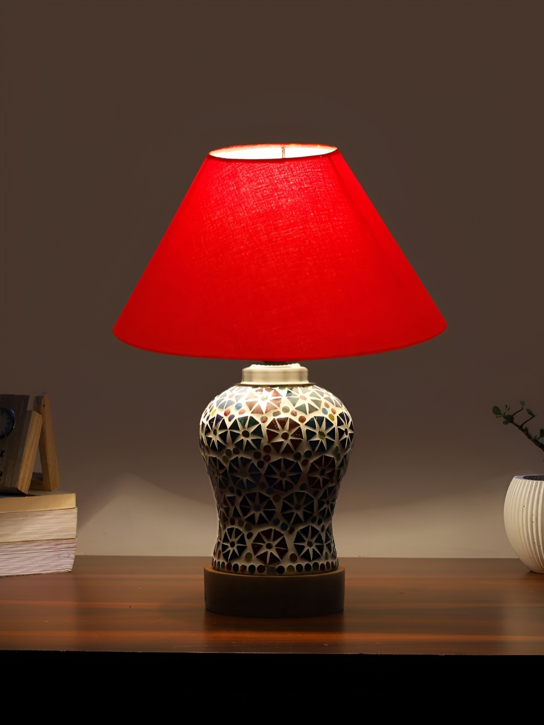 

Devansh Red Printed Wooden Frustum Shaped Table Lamp With Mosaic Glass Base