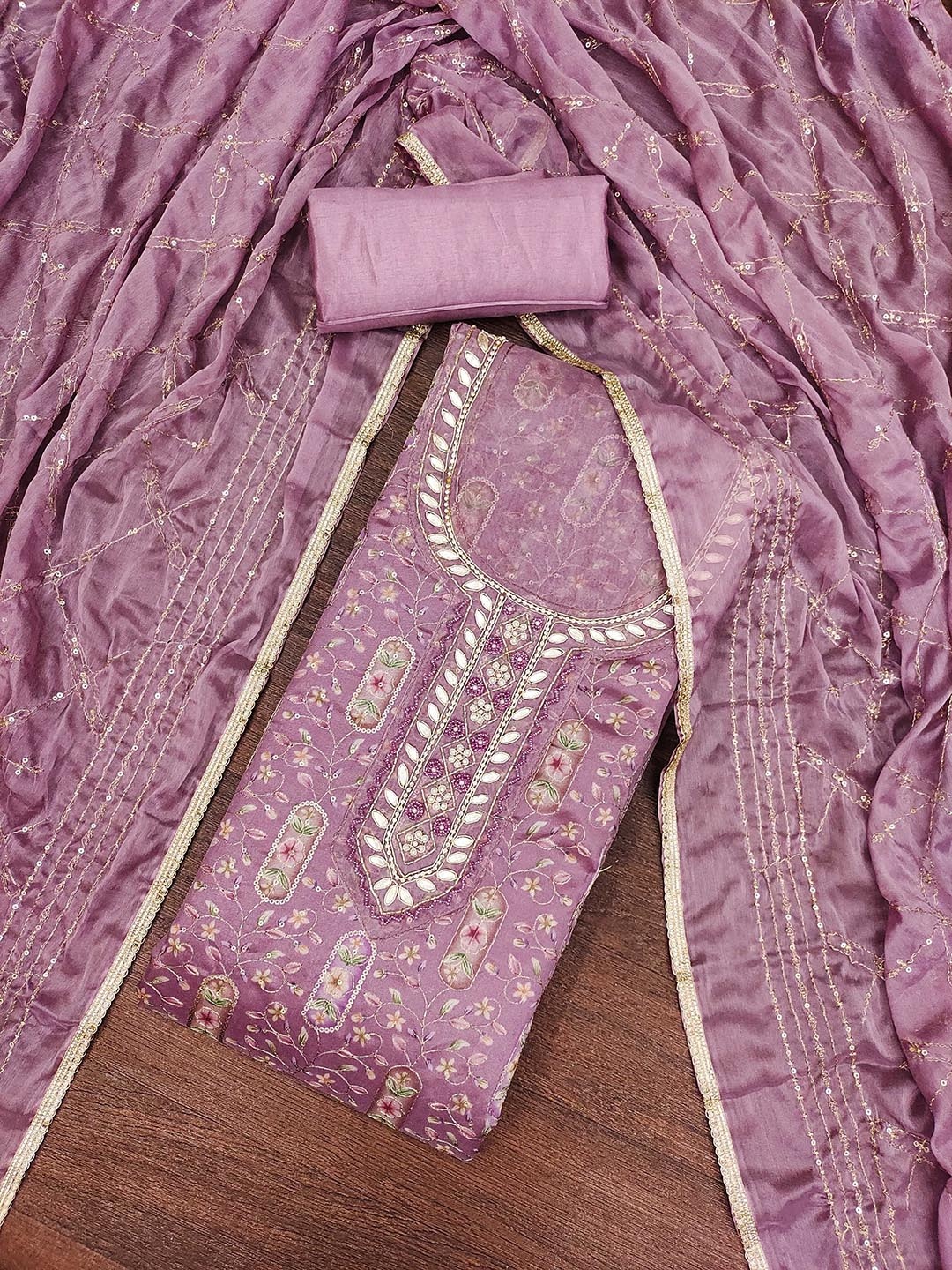 

SHADOW & SAINING Floral Embroidered Sequinned Organza Unstitched Dress Material, Lavender