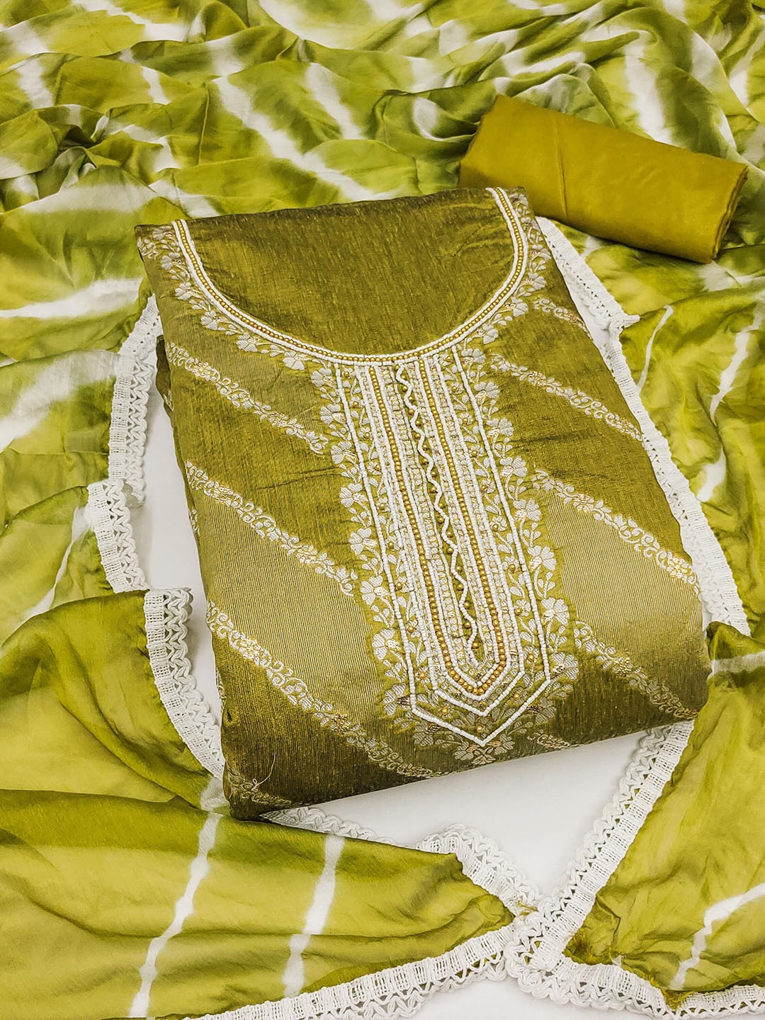 

SHADOW & SAINING Floral Woven Design Beads & Stones Semi-Stitched Dress Material, Lime green