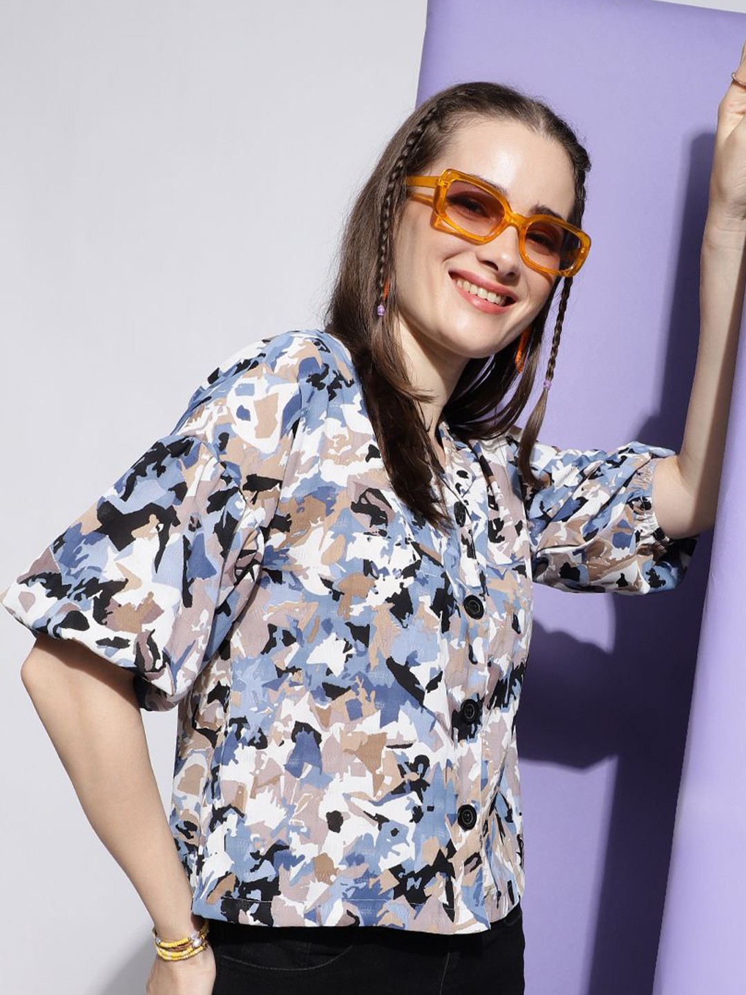 

Metronaut Floral Printed Spread Collar Boxy Shirt, Blue