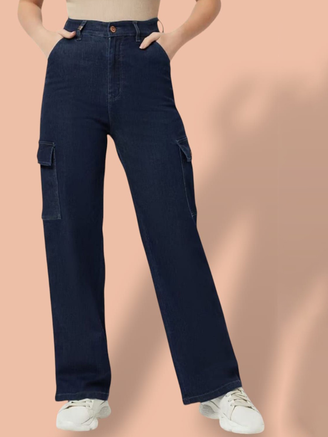 

1DAYJEANS Women Straight Fit High-Rise Stretchable Cotton Jeans, Navy blue