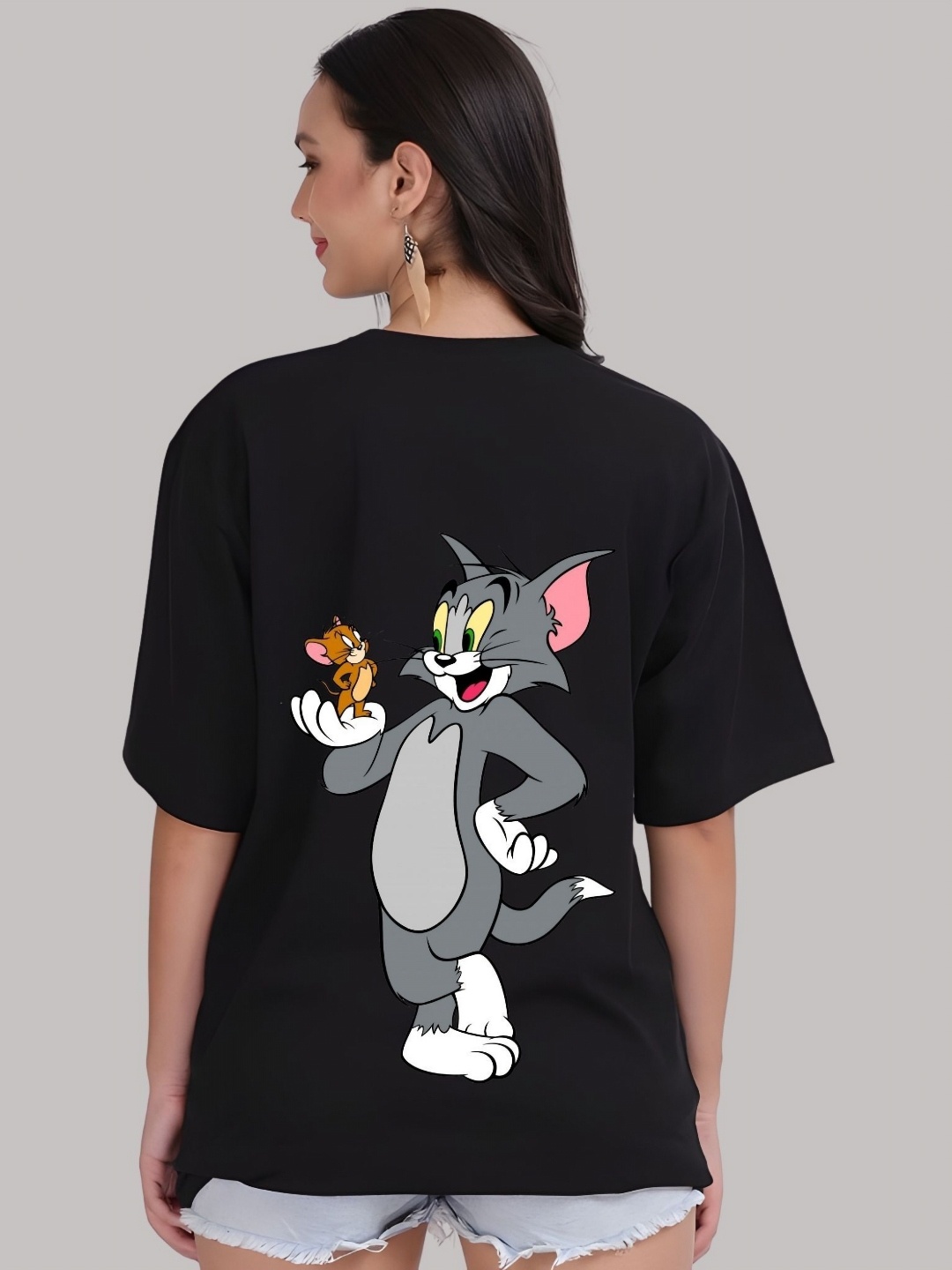 

SZN Women Tom & Jerry Graphic Printed Round Neck Cotton Oversized T-shirt, Black