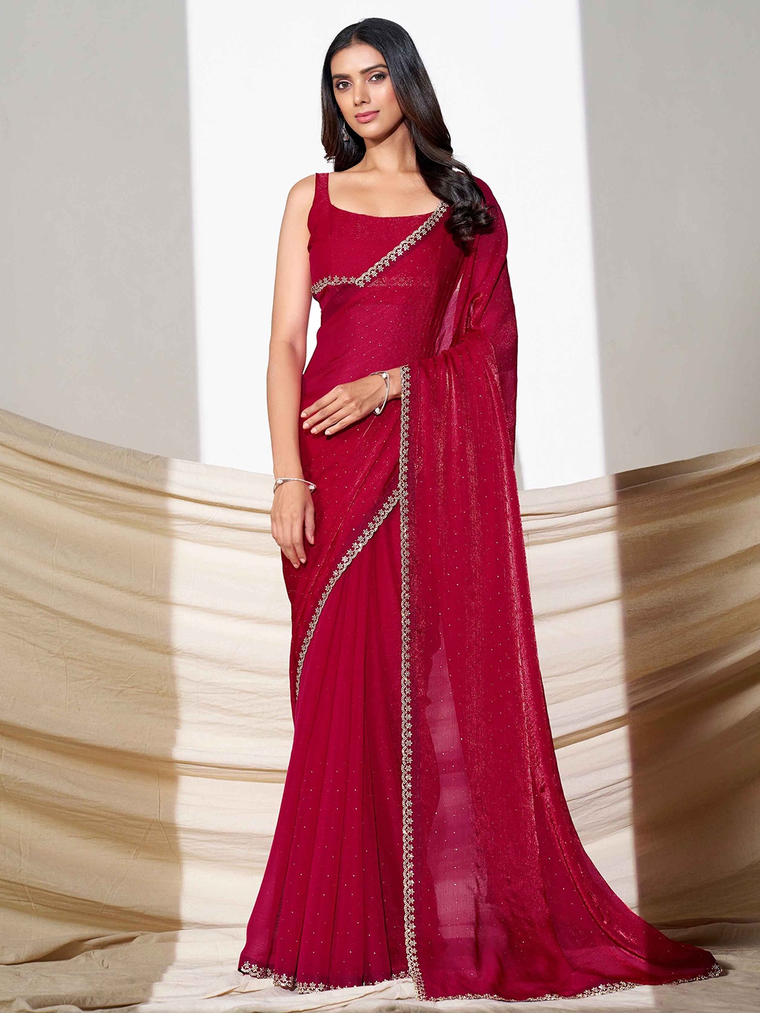

TANNAH Women Beads and Stones Border Pure Chiffon Saree, Red