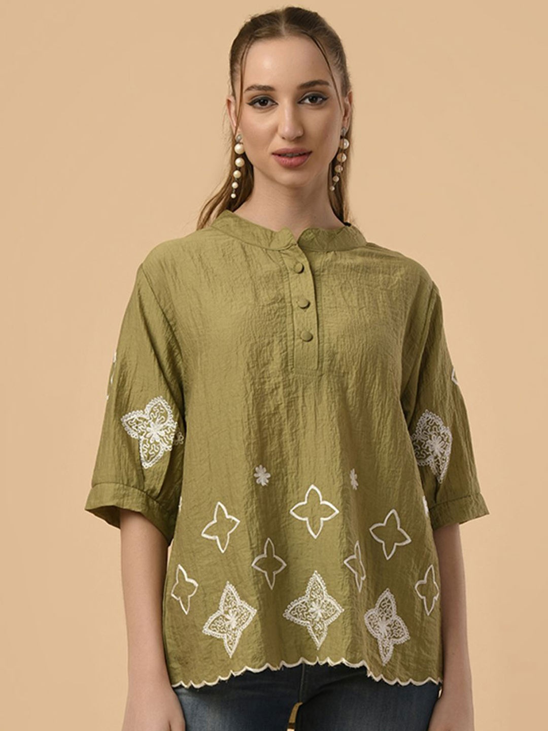 

Albion By CnM Embroidered Cotton Top, Olive