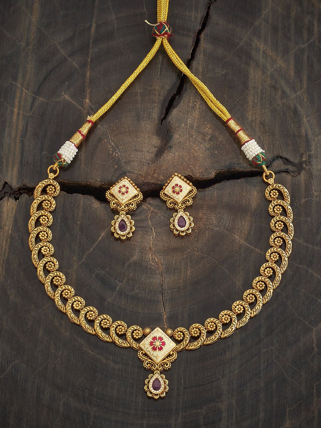 

Kushal's Fashion Jewellery Gold-Plated Ruby Studded Ethnic Antique Jewellery Set