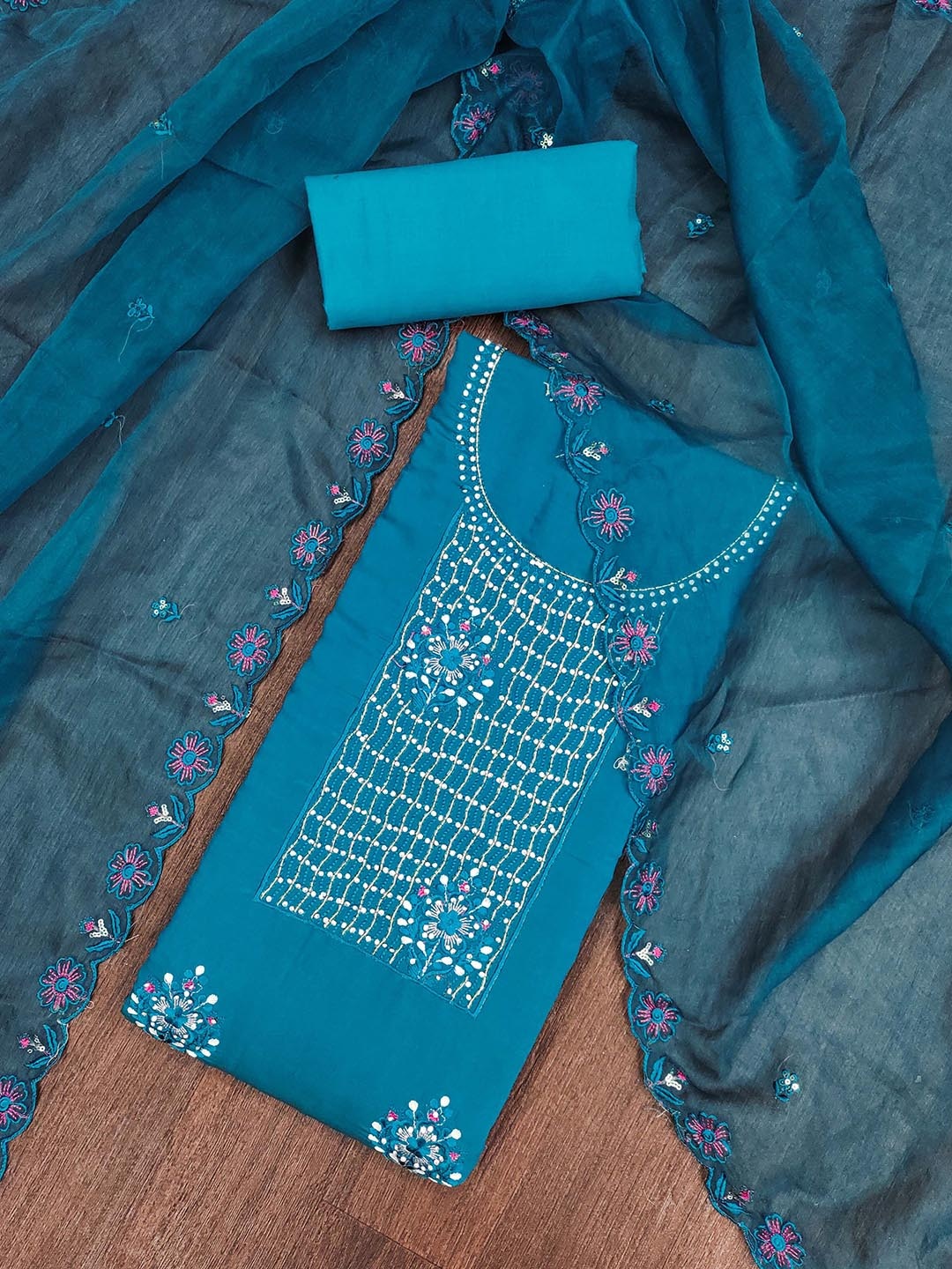 

SHADOW & SAINING Embroidered Pure Silk Semi-Stitched Dress Material, Blue