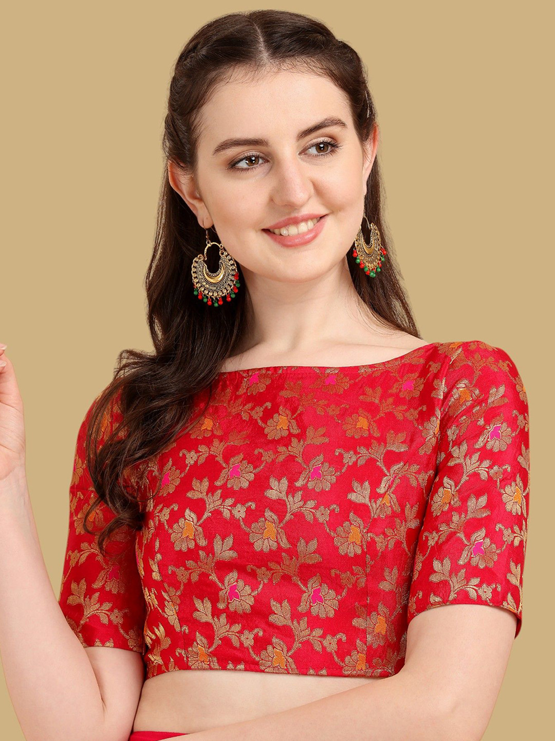 

Oomph! Woven Design Jacquard Saree Blouse, Red