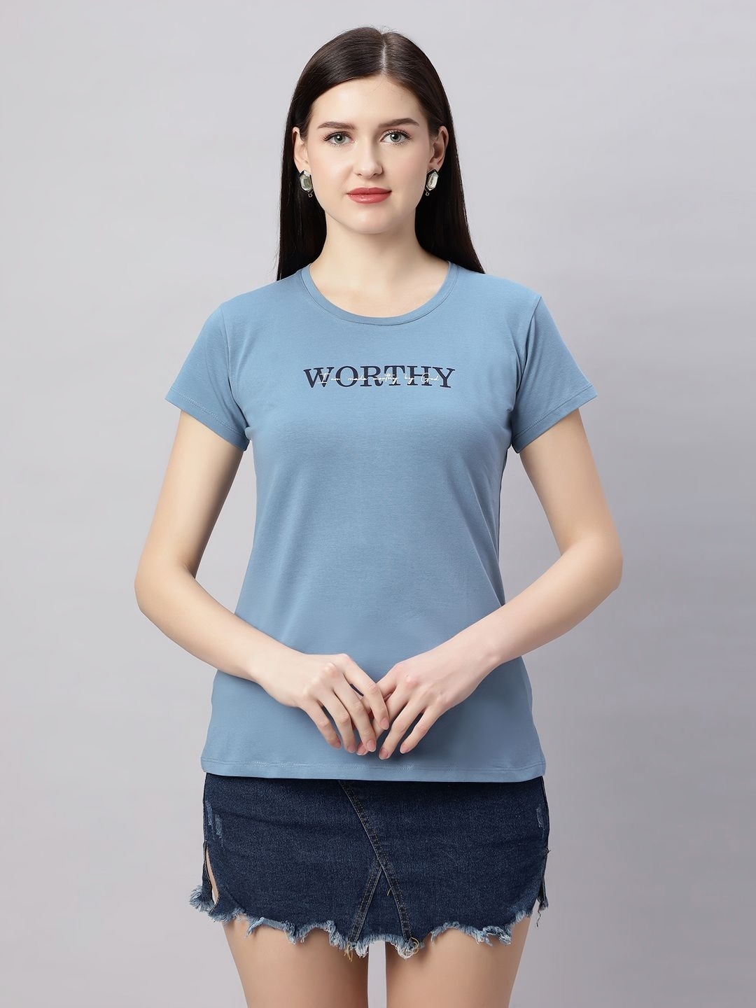 

QUIRA Typography Printed Regular Fit Cotton T-shirt, Blue