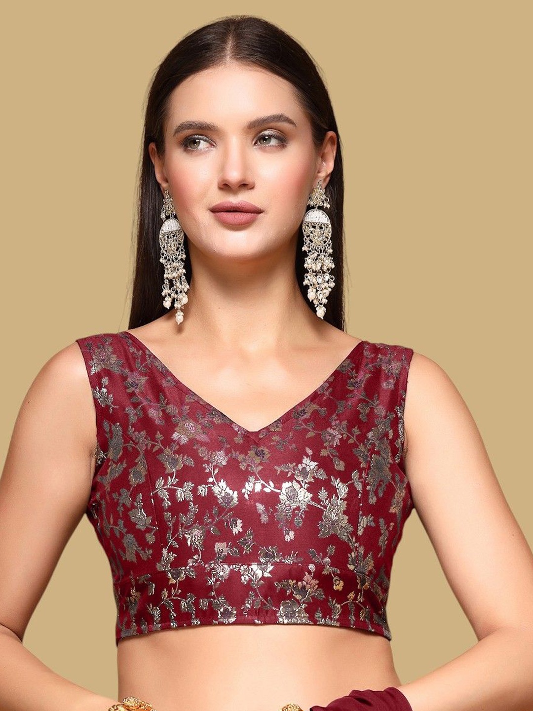 

Oomph! Women Woven Design Jacquard Traditional Saree Blouse, Red