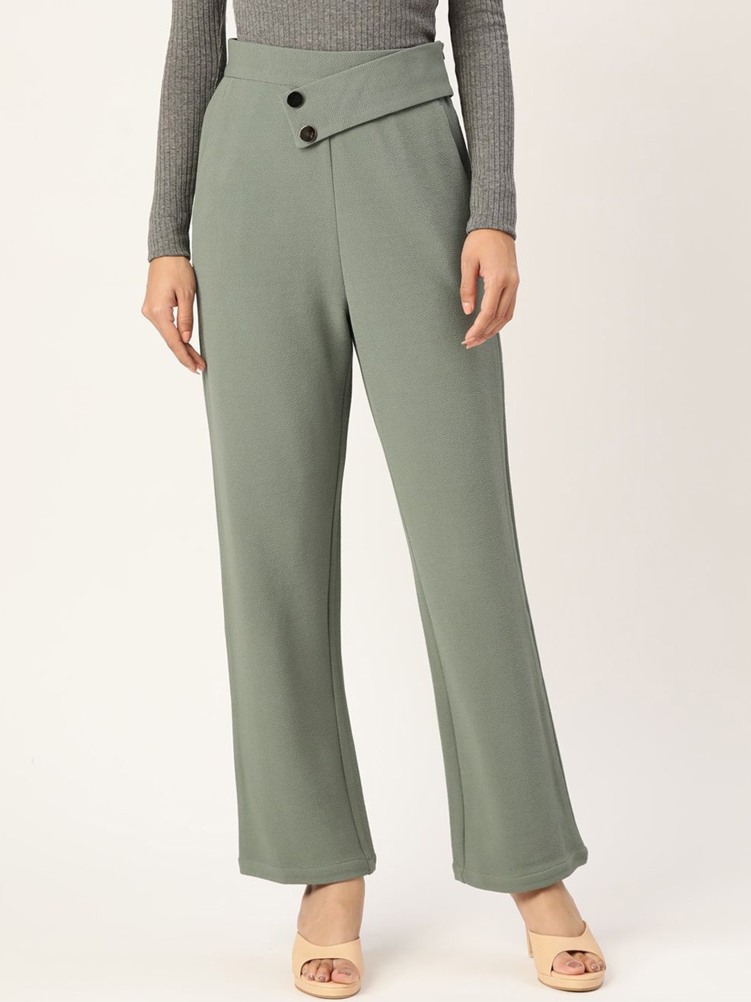

Zastraa Women Smart High-Rise Relexed Fit Parallel Trousers, Green