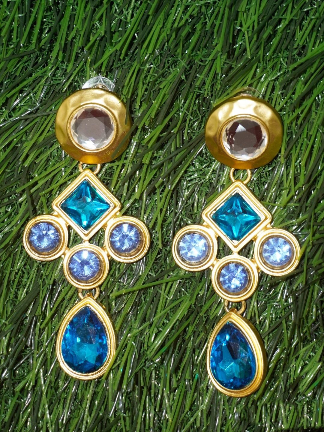 

Niscka Gold-Plated American Diamond Studded Contemporary Drop Earrings, Blue