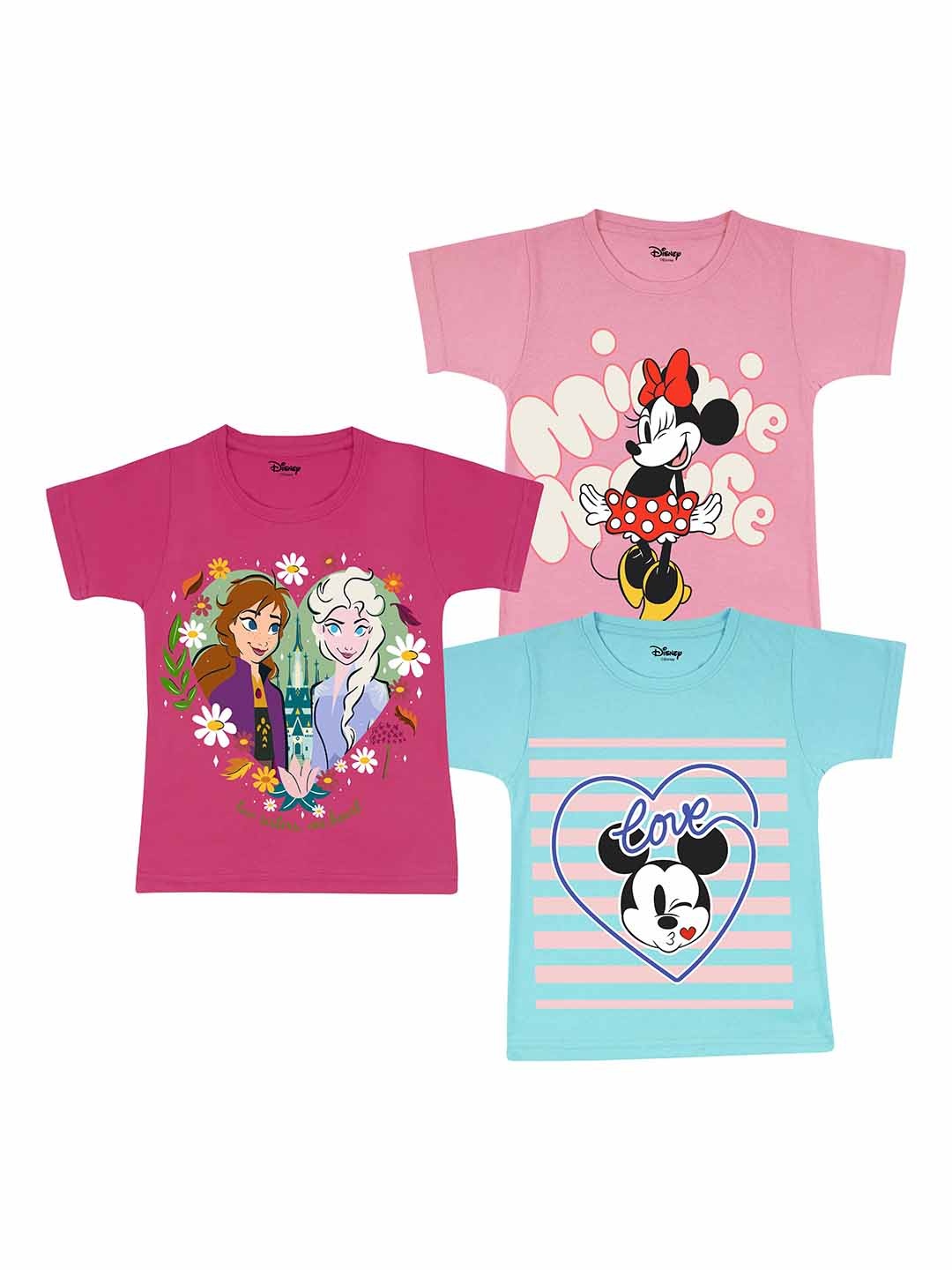 

Disney By Miss and Chief Girls Pack Of 3 Graphic Printed Short Sleeves Cotton T-shirt, Pink