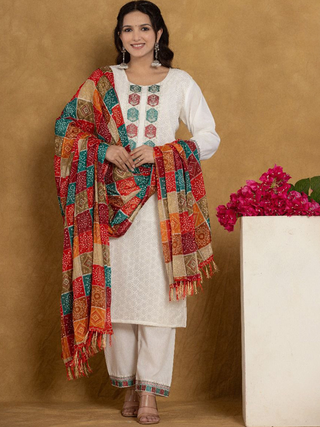 

Samhitas Geometric Woven Design Thread Work Pure Cotton Kurta With Trousers & Dupatta, White