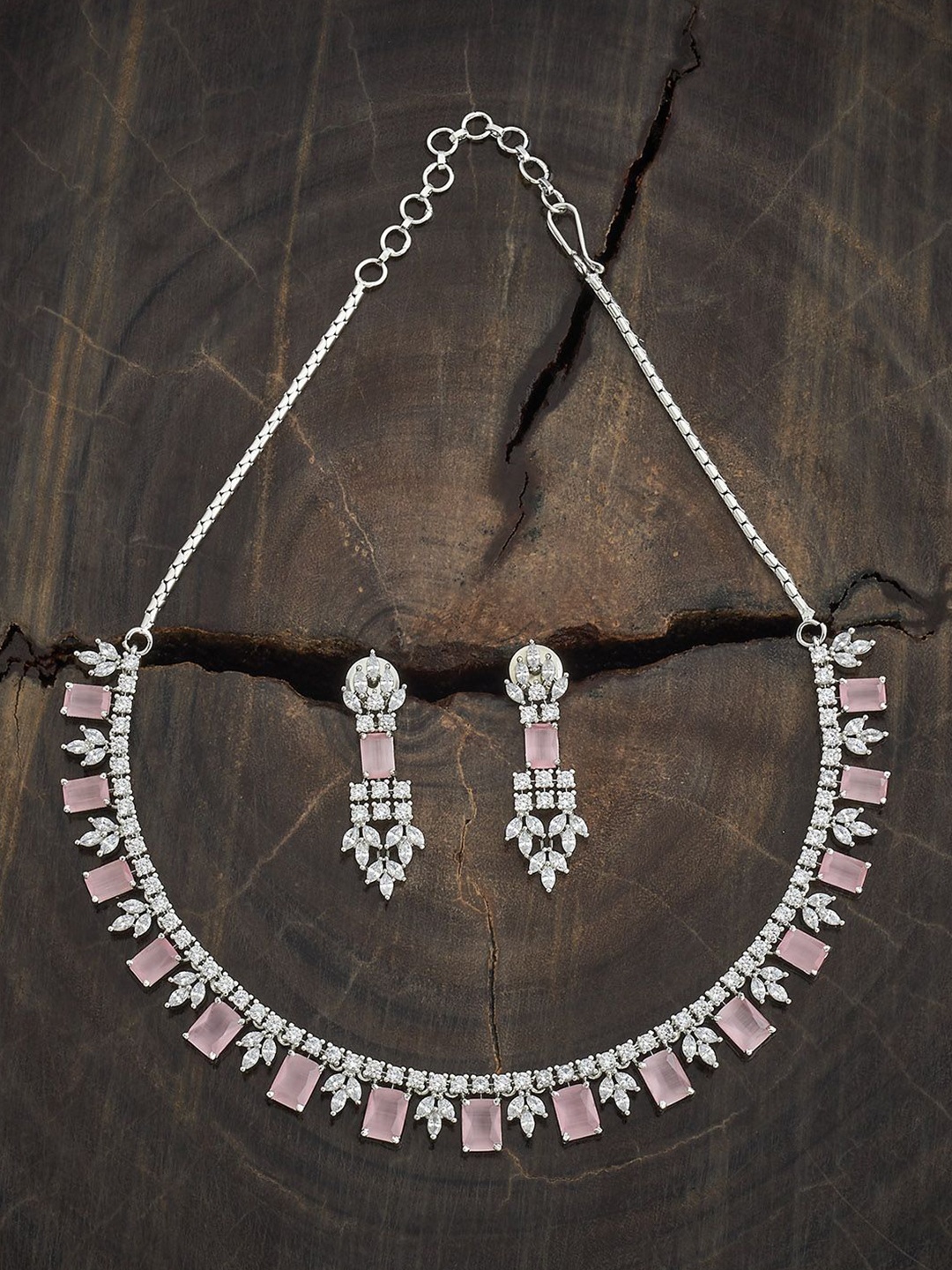 

Kushal's Fashion Jewellery Rhodium-Plated Zircon Studded Party Jewellery Set, Silver