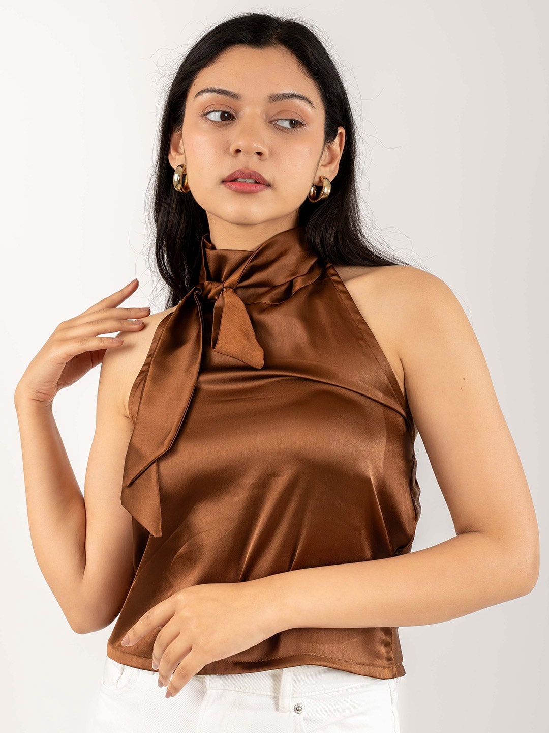 

MONOMEE Women Halter Neck Crop Tank Top, Brown