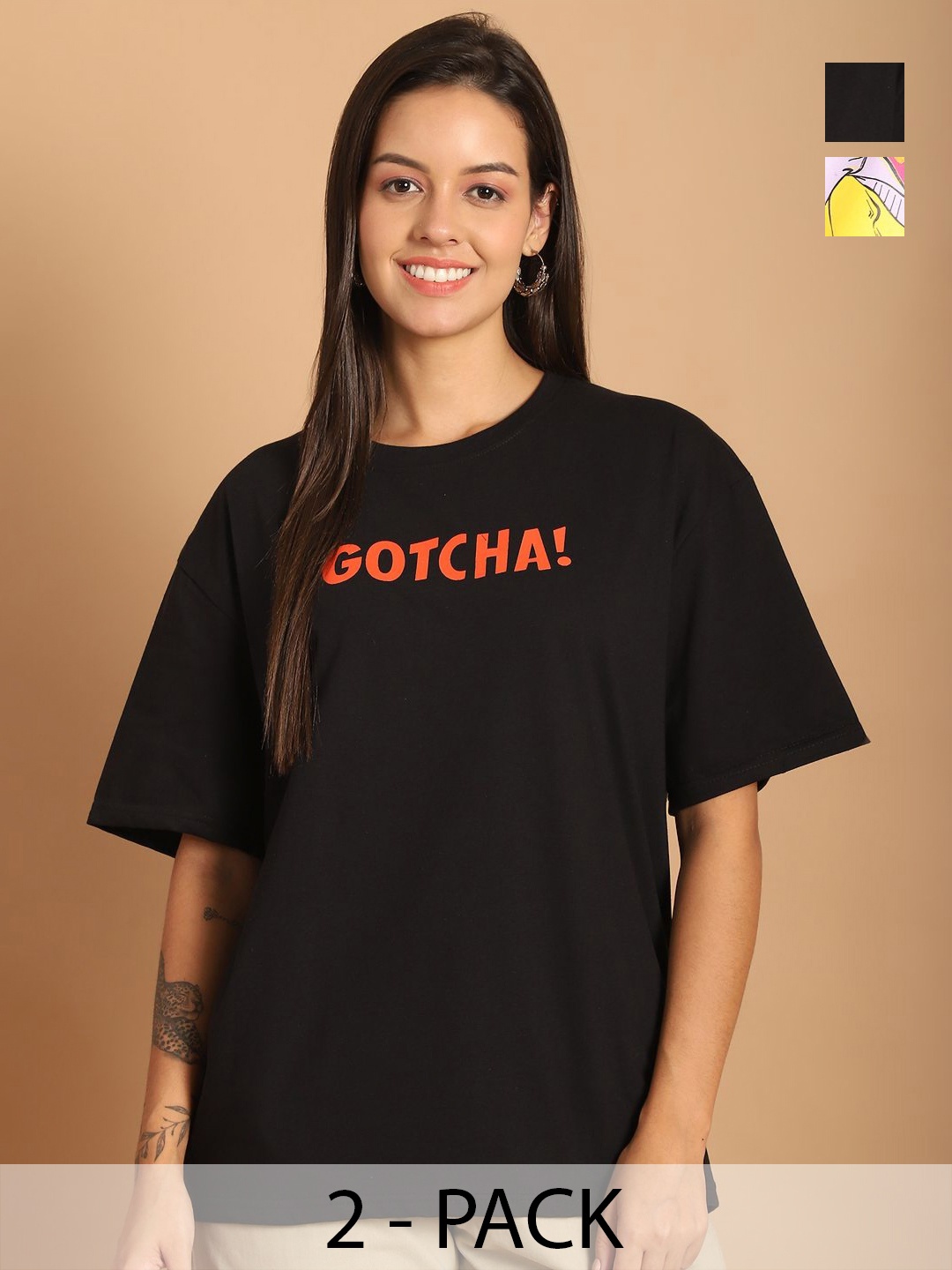 

Tromko Women Pack of 2 Graphic Printed Round Neck Cotton Oversized T-shirts, Black