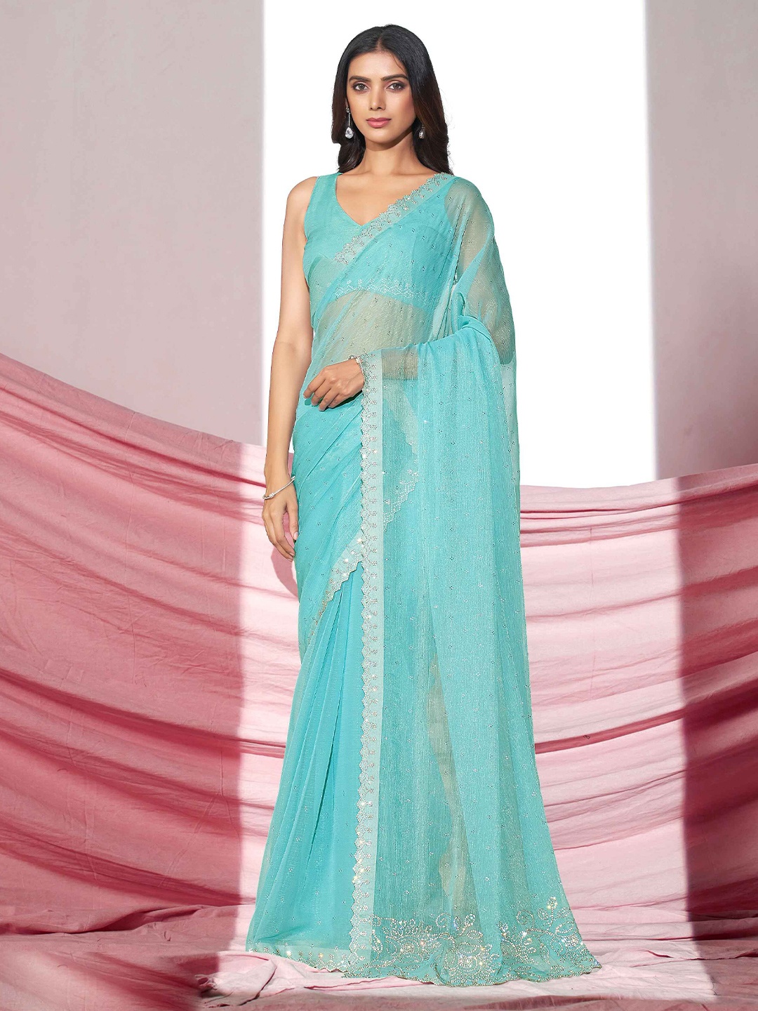 

Sangria Embellished Shimmer Saree With Blouse Piece, Sea green