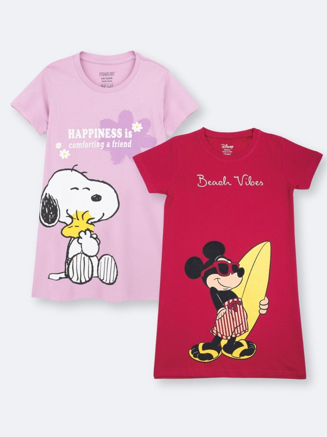 

Nap Chief Pack of 2 Girls Mickey Mouse & Peanuts Snoopy Printed Pure Cotton T-shirt Dress, Lavender