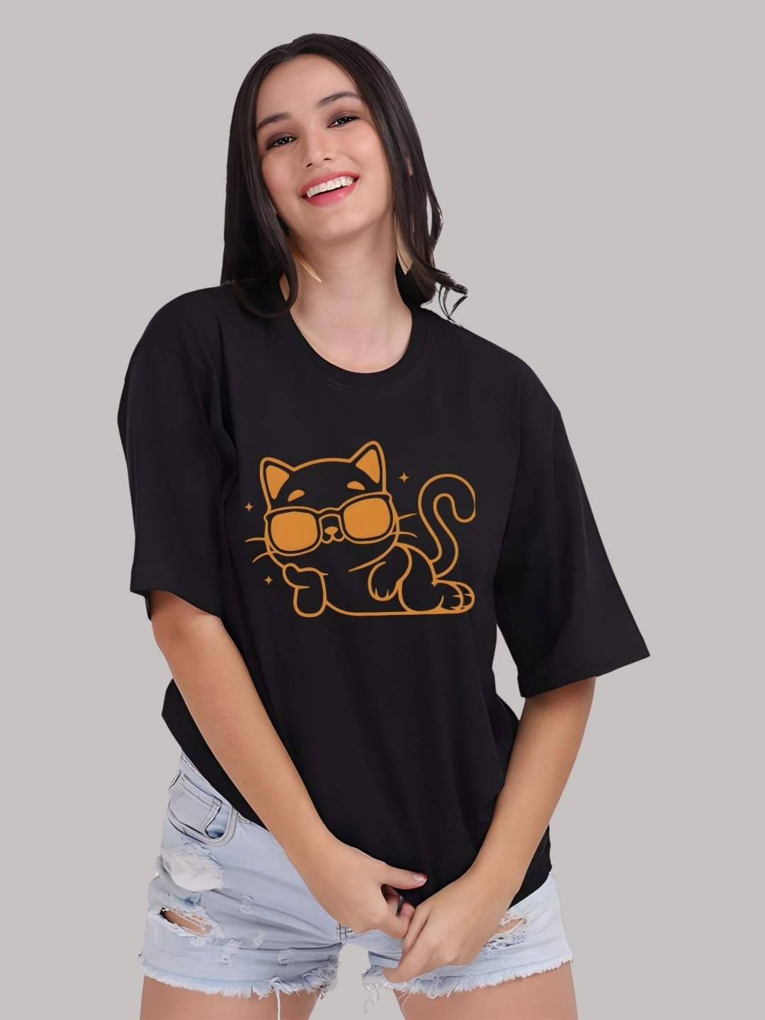 

SZN Women Graphic Printed Round Neck Cotton Oversized T-shirt, Black
